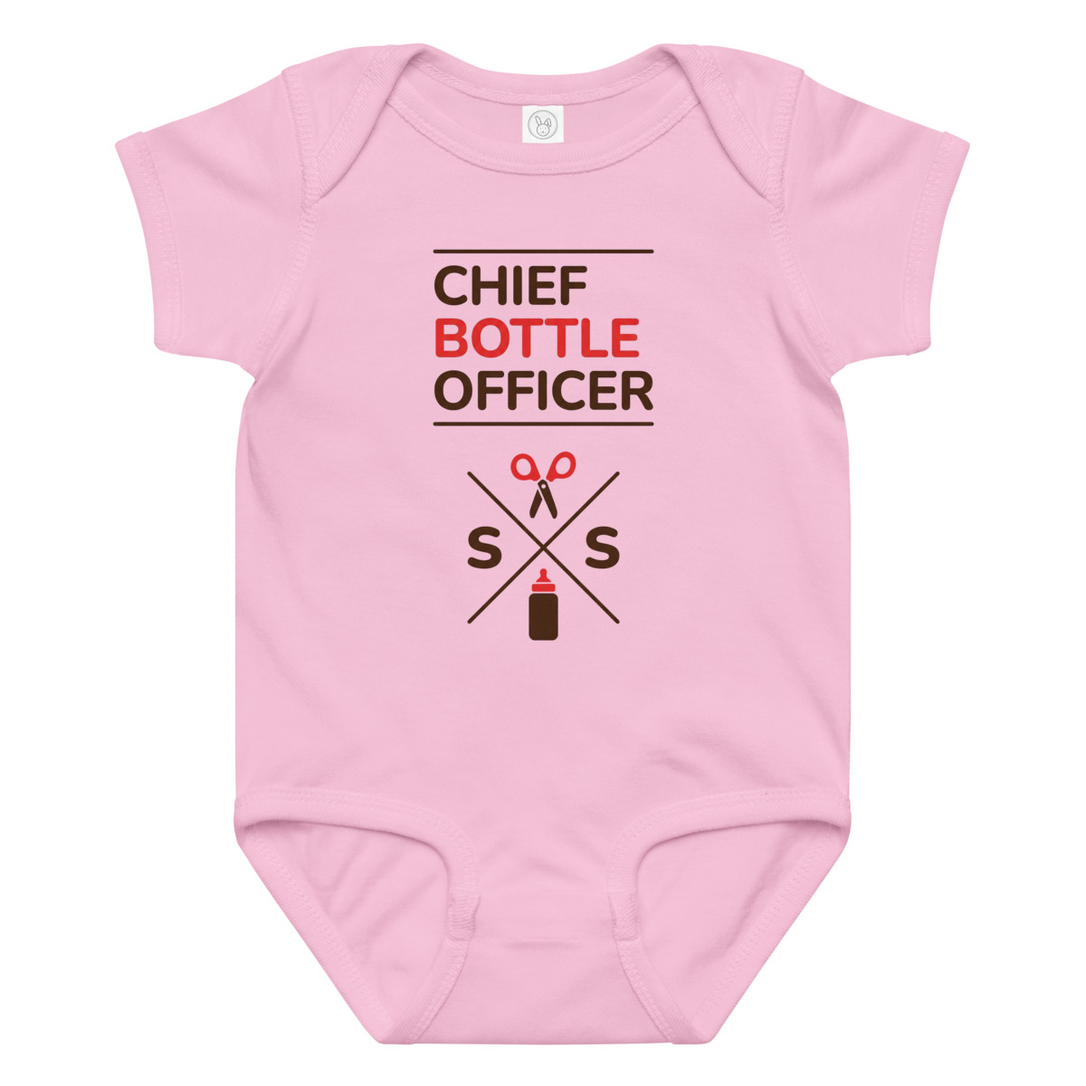 Chief Bottle Officer Onesie in Pink — Actual Printful preview