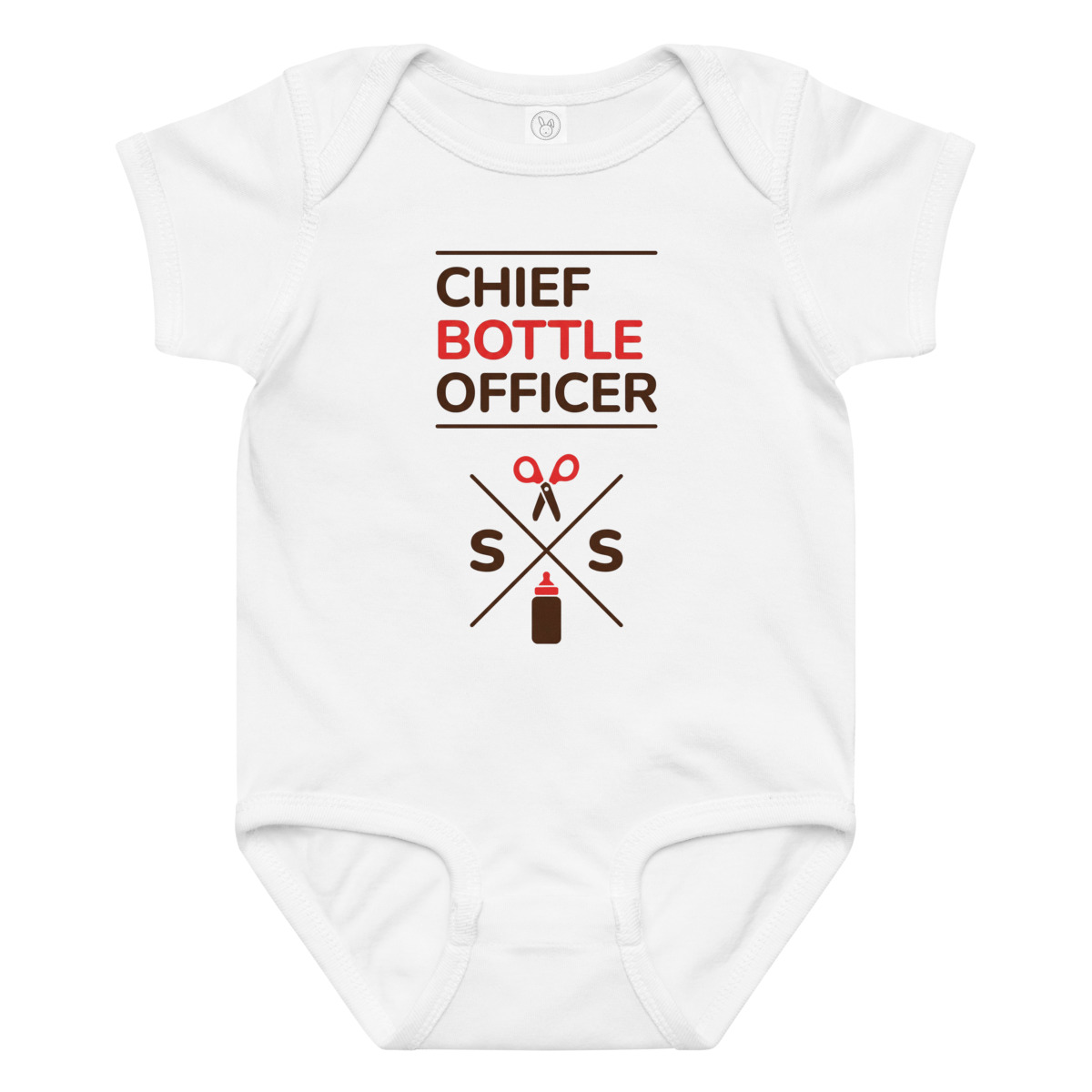 Chief Bottle Officer Onesie in White — Actual Printful preview