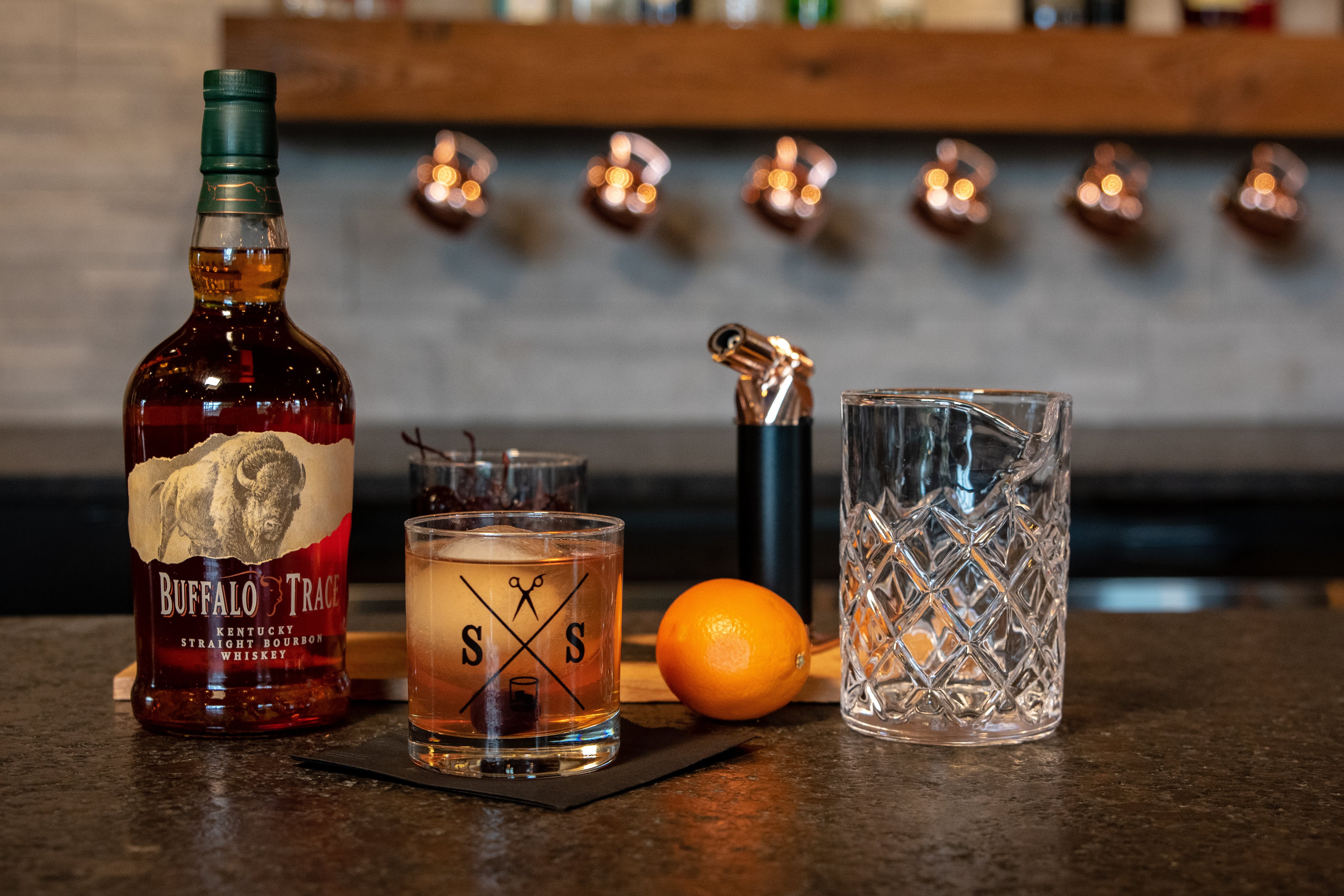 S&S-branded glass and barware on the shop counter